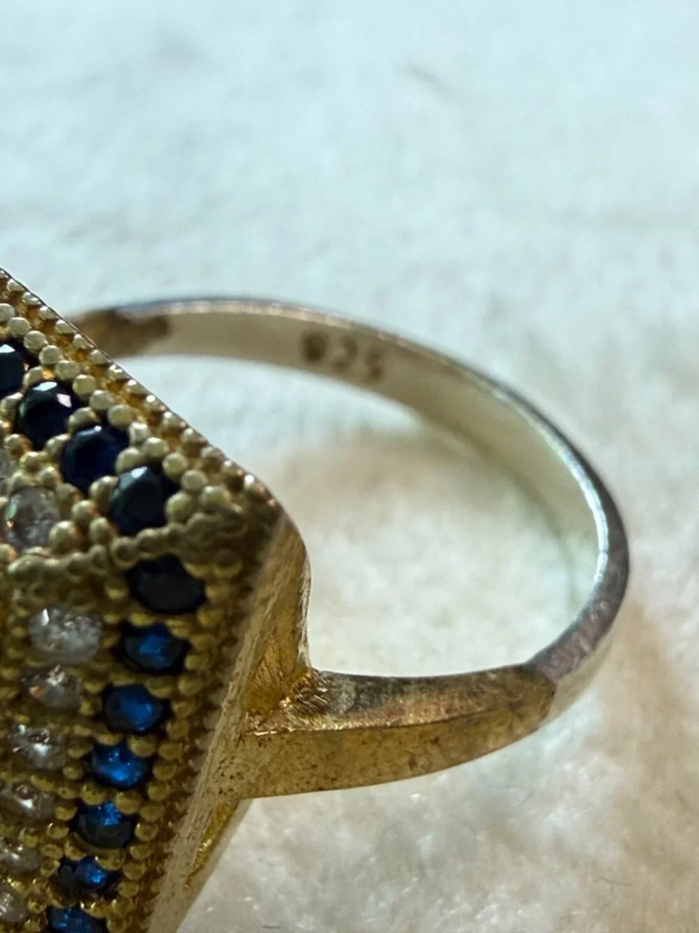 Vintage Square Blue Glass Gold-Tone Statement Ring Sterling Silver Band Size 8.9